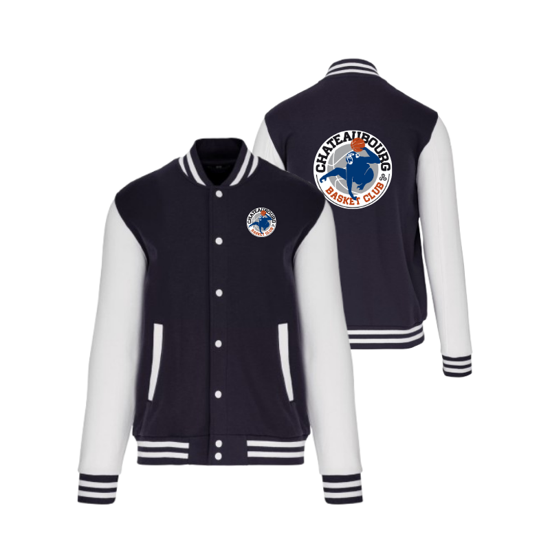 Blouson molleton teddy Bleu marine Basket Club Châteaubourg (2 logos)