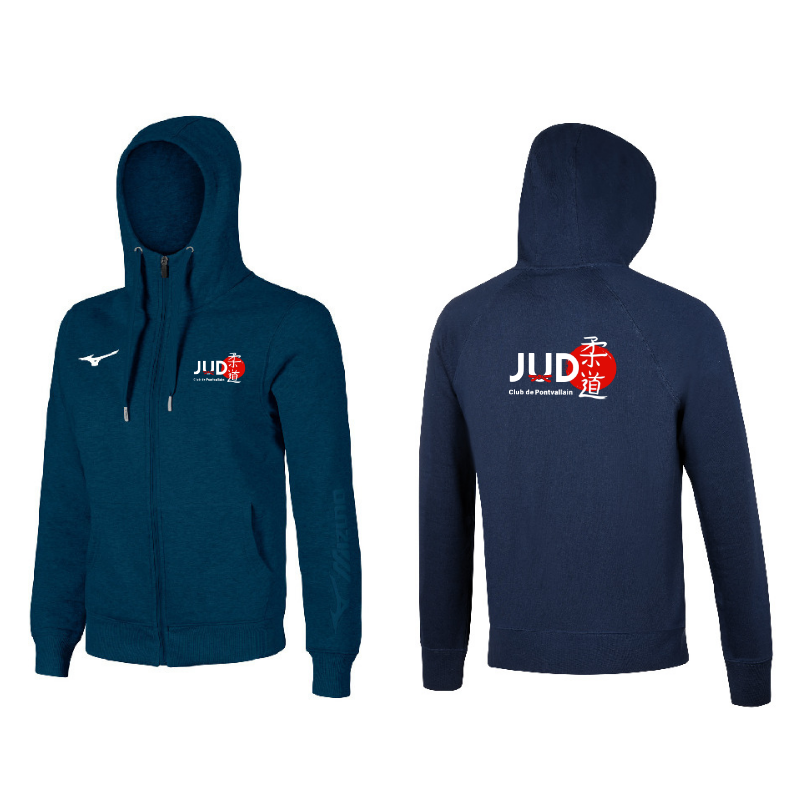 Sweat à capuche zippé Mizuno Bleu marine Judo Club de Pontvallain (2 logos)
