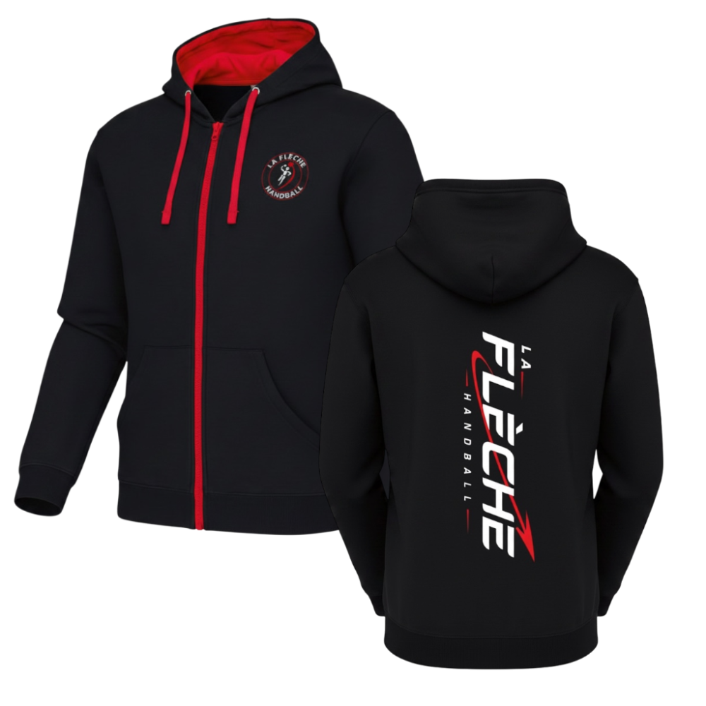 Sweat zip à capuche noir/rouge La Flèche Handball